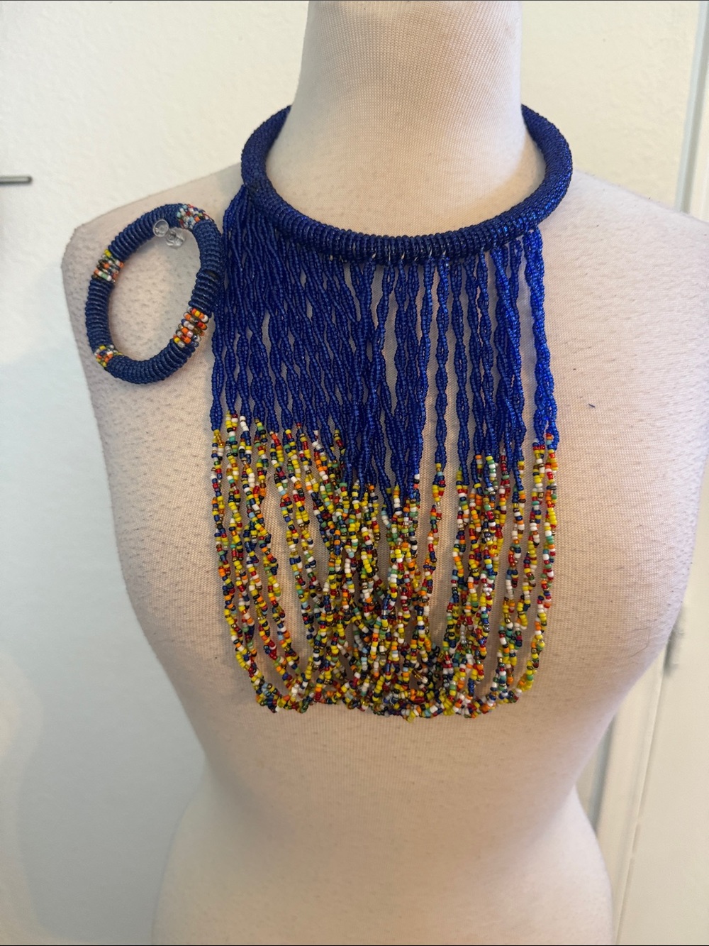 Handmade Royal Blue Beaded Fringe Necklace with Multicolor Accents. With Bangles